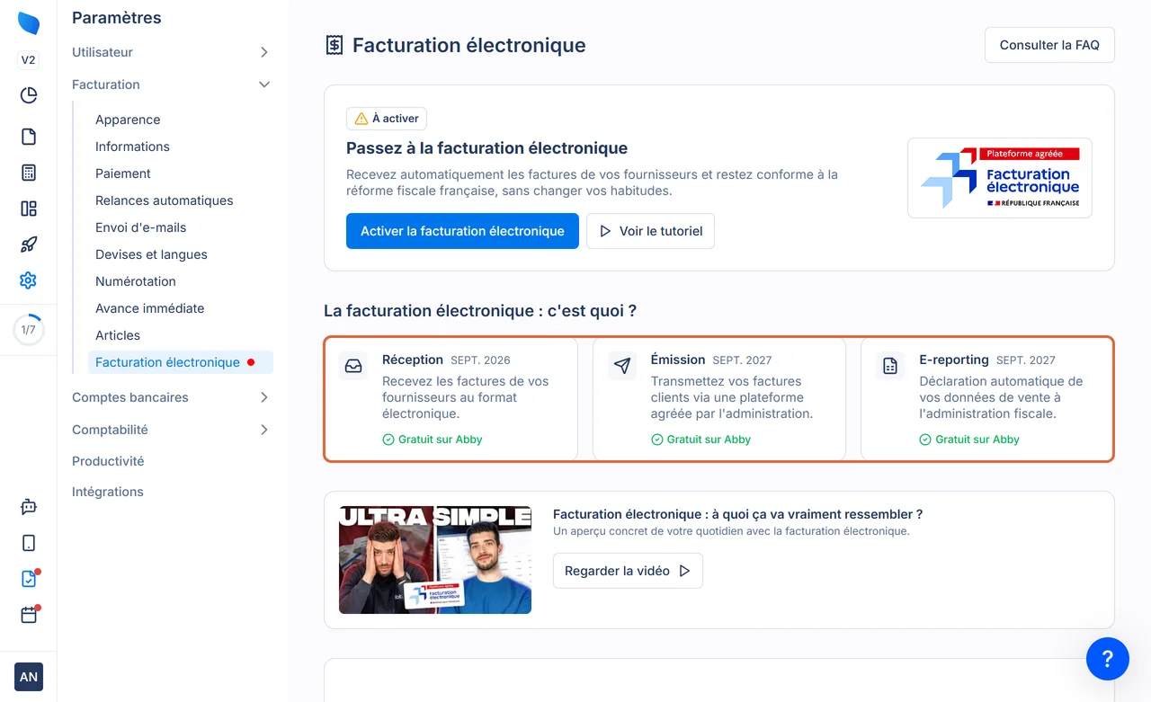 Page Facturation électronique des paramètres d'Abby, avec les trois cartes Réception septembre 2026, Émission septembre 2027 et E-reporting septembre 2027 encadrées, chacune marquée Gratuit sur Abby