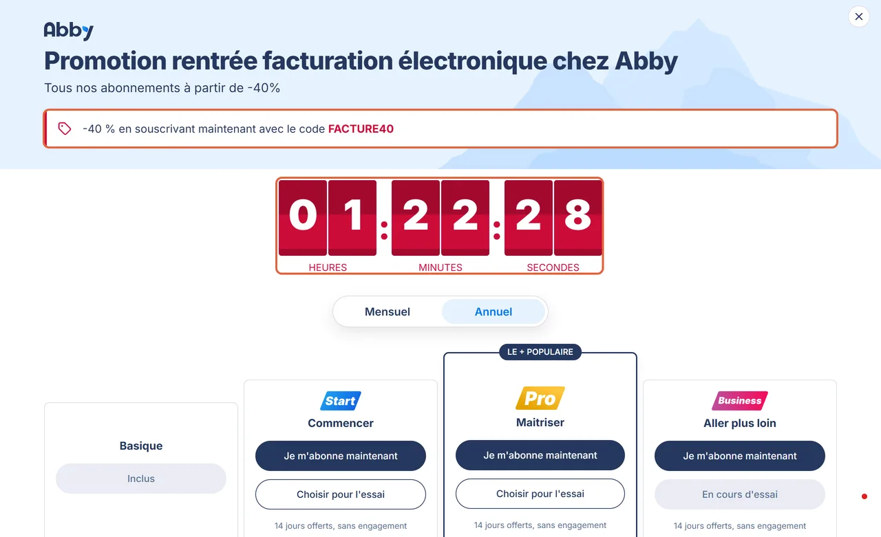 Fenêtre Nos offres dans le compte Abby : bandeau -40 % en souscrivant maintenant avec le code FACTURE40 encadré, et compte à rebours 01:22:28 encadré, au-dessus des formules Basique, Start, Pro et Business