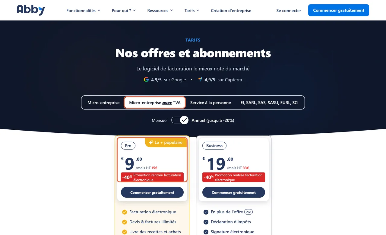 Page des tarifs d'Abby, onglet Micro-entreprise avec TVA encadré, qui ne propose que les formules Pro et Business ; le prix de Pro encadré : 9,00 € par mois HT au lieu de 15 €, avec la promotion rentrée facturation électronique à -40 %
