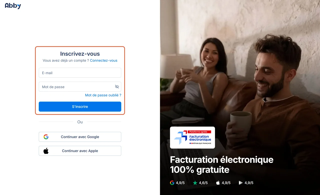 Formulaire d'inscription d'Abby avec deux champs, e-mail et mot de passe, et les boutons Continuer avec Google et Continuer avec Apple
