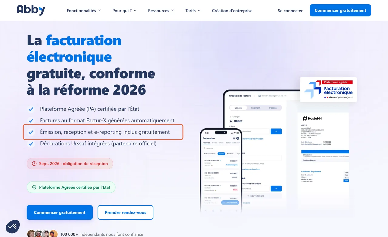 Page « facturation électronique » d’Abby avec le repère Plateforme agréée : la ligne Émission, réception et e-reporting inclus gratuitement est encadrée