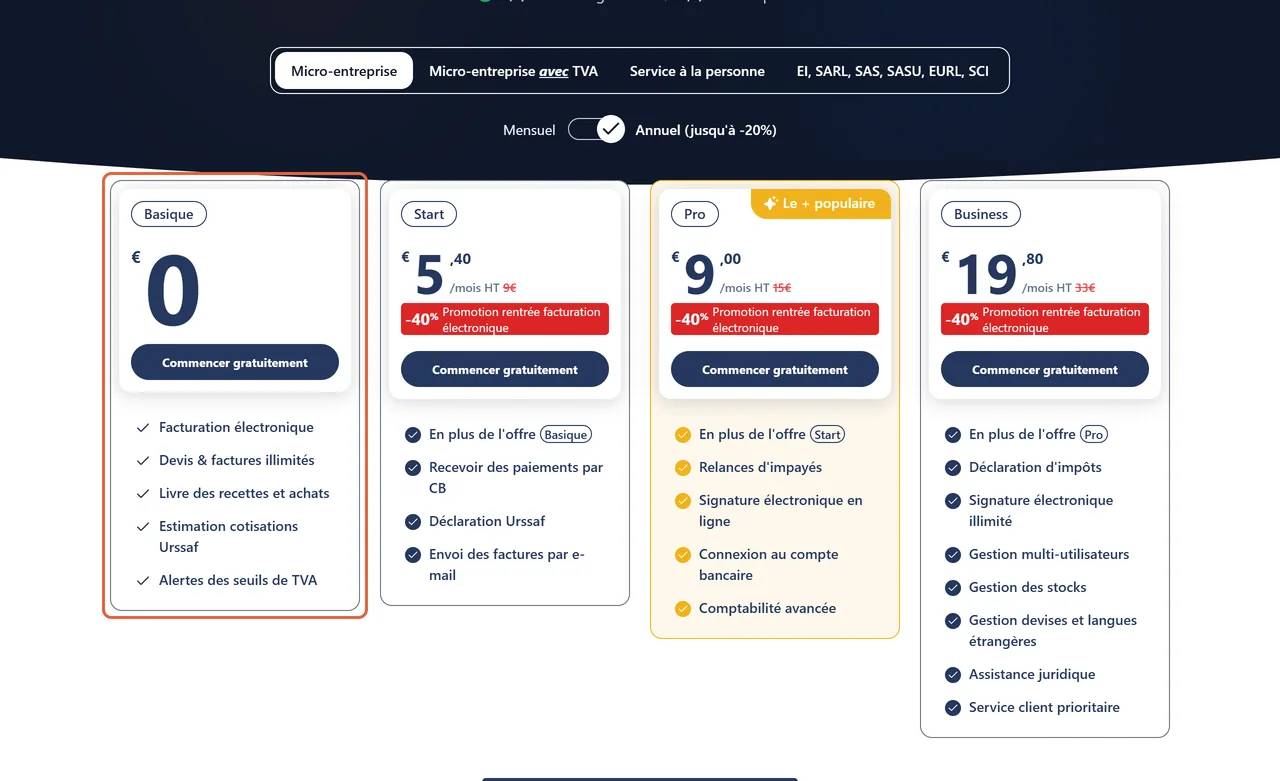 Page de tarifs d'Abby, logiciel de devis et de factures gratuit pour micro-entreprise : la formule Basique à 0 € est encadrée, à côté des formules Start, Pro et Business