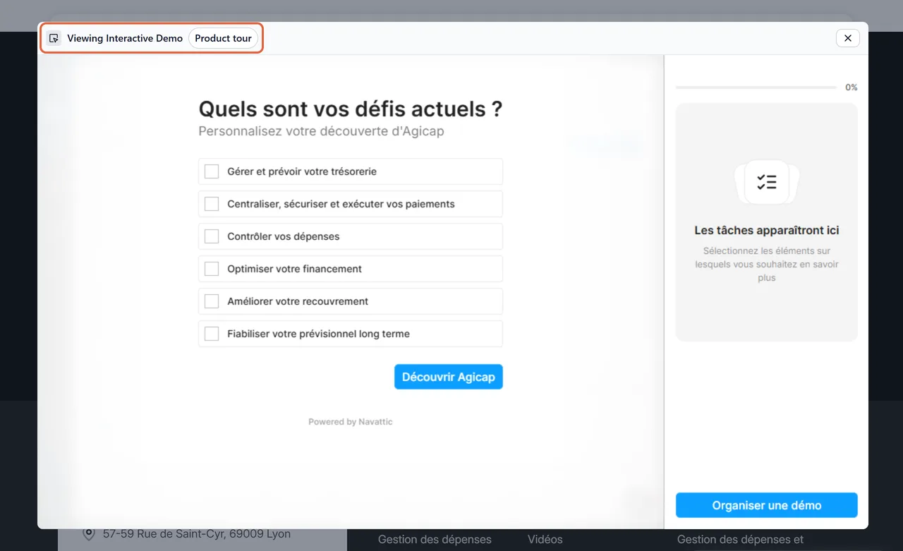 Fenêtre de démo d'Agicap après le formulaire, avec l'en-tête Viewing Interactive Demo et Product tour encadré au-dessus de la question Quels sont vos défis actuels
