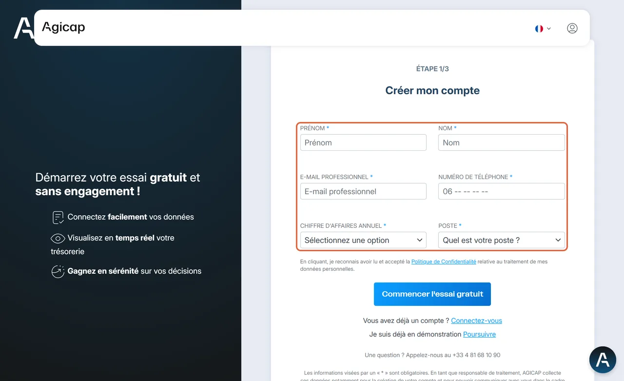 Page d'inscription à l'essai gratuit d'Agicap, étape 1 sur 3 Créer mon compte : les six champs obligatoires, du prénom au poste, sont encadrés