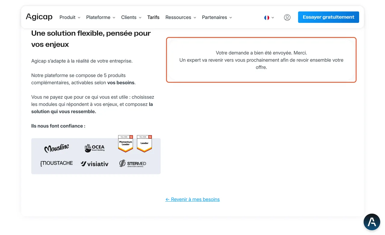 Page de tarifs d'Agicap après l'envoi du formulaire Découvrir mon offre, avec le message encadré : Votre demande a bien été envoyée, un expert va revenir vers vous