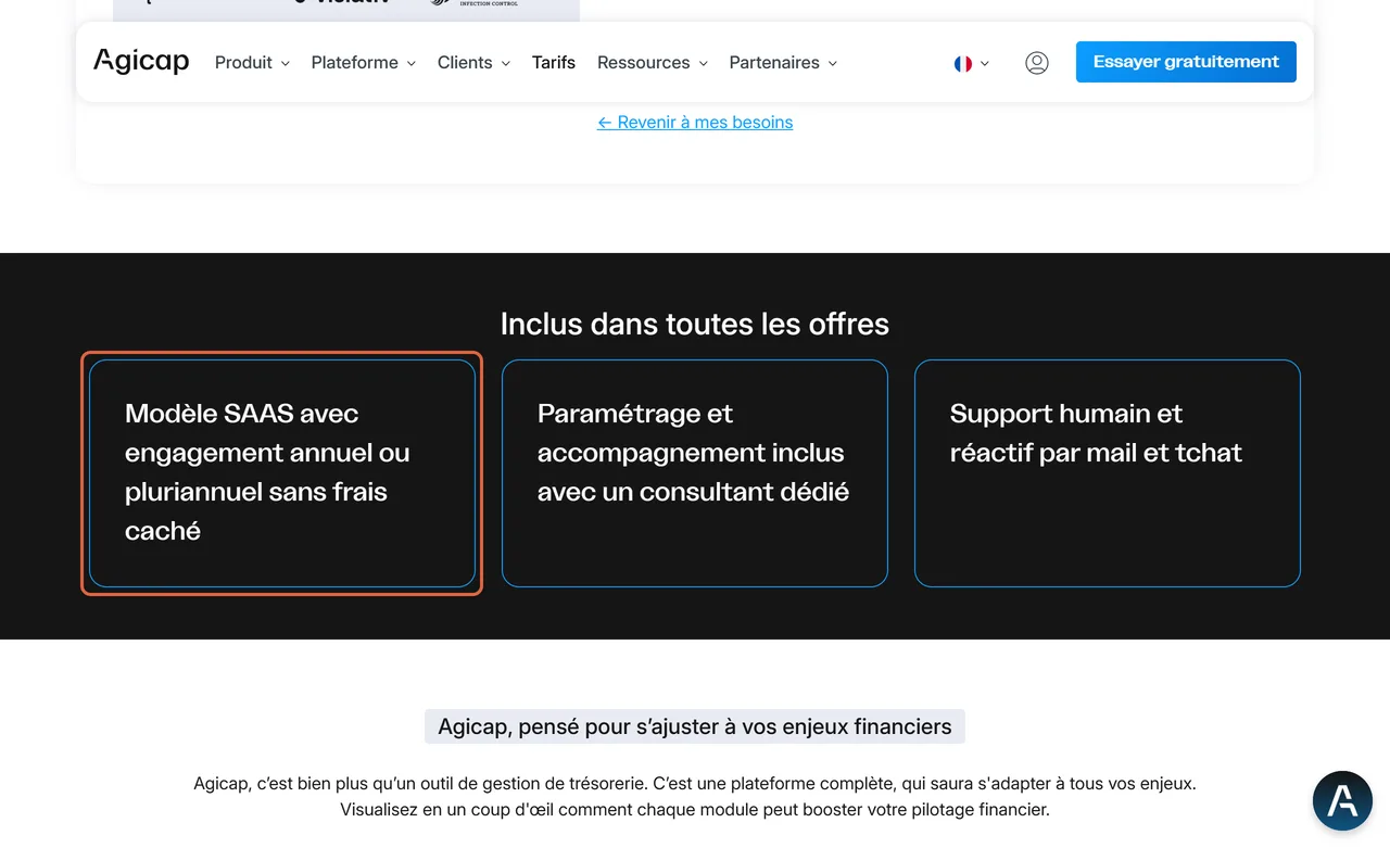 Page de tarifs d'Agicap, bloc Inclus dans toutes les offres, avec la carte Modèle SAAS avec engagement annuel ou pluriannuel sans frais caché encadrée