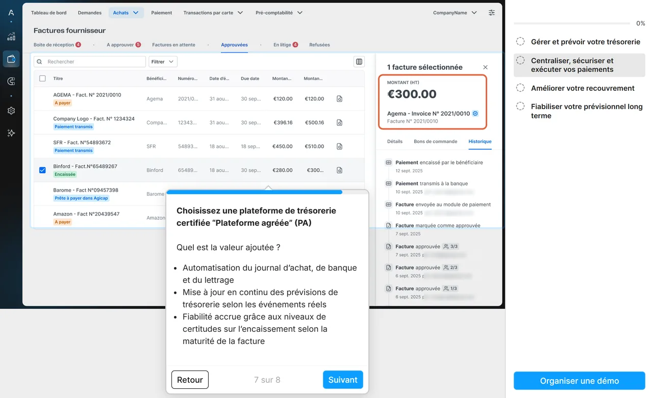 Démo interactive d'Agicap, factures fournisseurs approuvées : le panneau Montant (HT) « €300.00 » et « Agema - Invoice N° 2021/0010 » est encadré