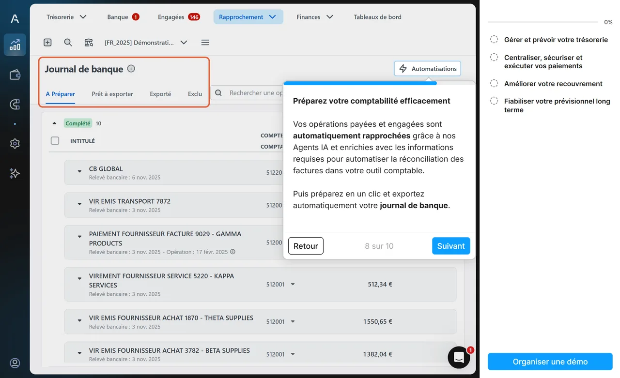 Démo interactive d'Agicap, menu Rapprochement, écran Journal de banque : le titre et les onglets A Préparer, Prêt à exporter, Exporté et Exclu sont encadrés
