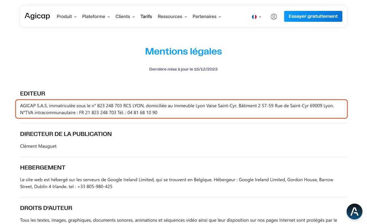 Mentions légales du site d'Agicap avec le paragraphe Editeur encadré : AGICAP S.A.S, 823 248 703 RCS Lyon, numéro de TVA intracommunautaire FR 21 823 248 703