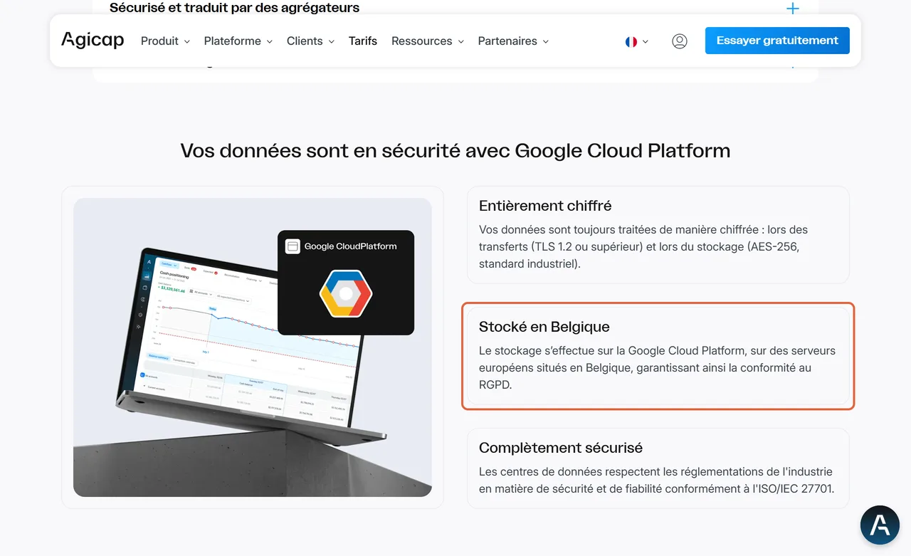 Page Sécurité du site d'Agicap, rubrique Vos données sont en sécurité avec Google Cloud Platform, avec la carte Stocké en Belgique encadrée