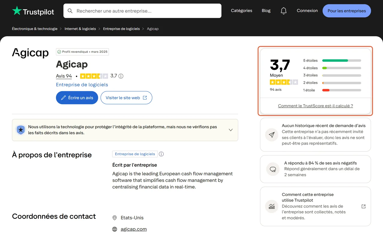 Page d'Agicap sur Trustpilot avec le bloc de la note encadré : 3,7, Moyen, 94 avis, et la répartition de 5 étoiles à 1 étoile