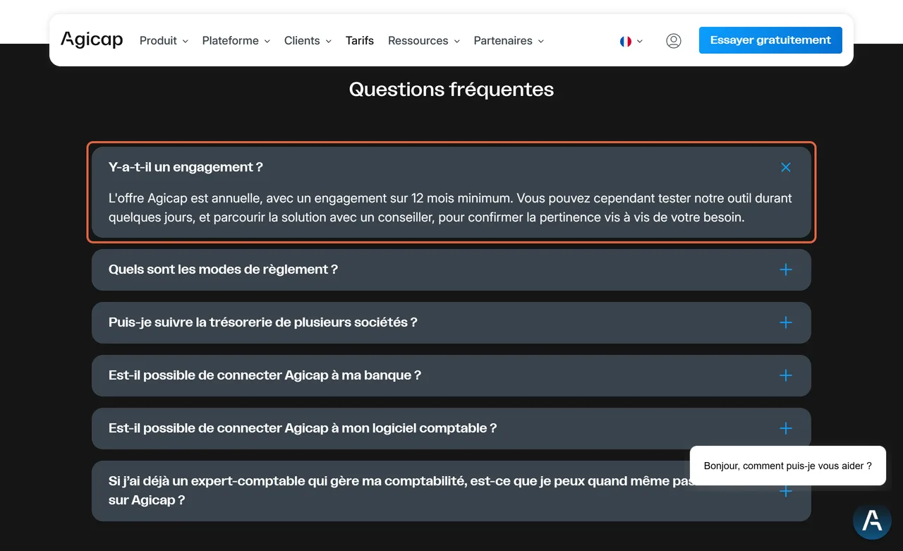 Logiciel de gestion de trésorerie Agicap, page de tarifs : la réponse à « Y-a-t-il un engagement ? » est encadrée, offre annuelle avec un engagement de 12 mois minimum