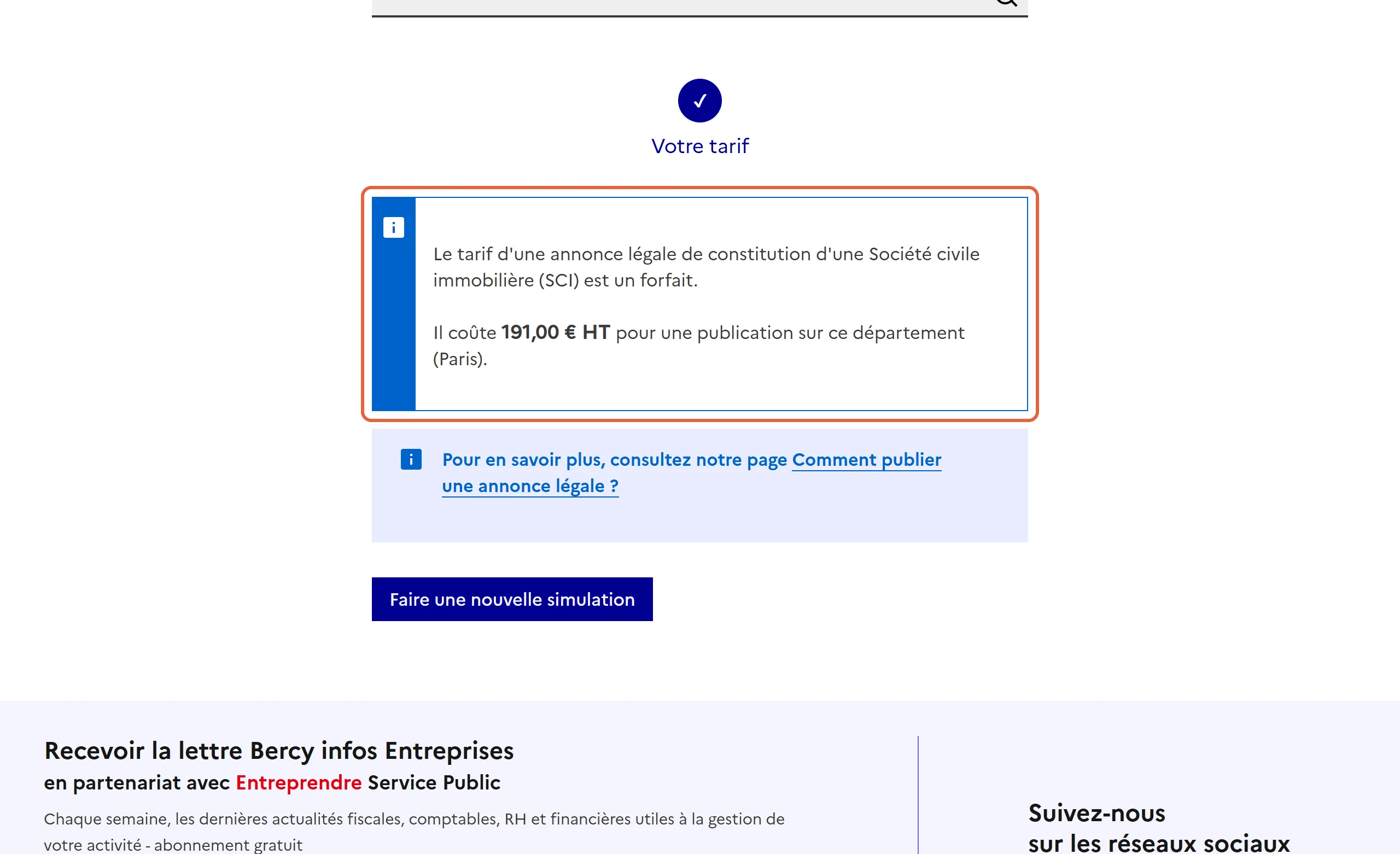 Simulateur de Service Public pour le tarif d’une annonce légale : l’encadré indique que l’annonce de constitution d’une SCI est un forfait de 191,00 € HT pour une publication à Paris