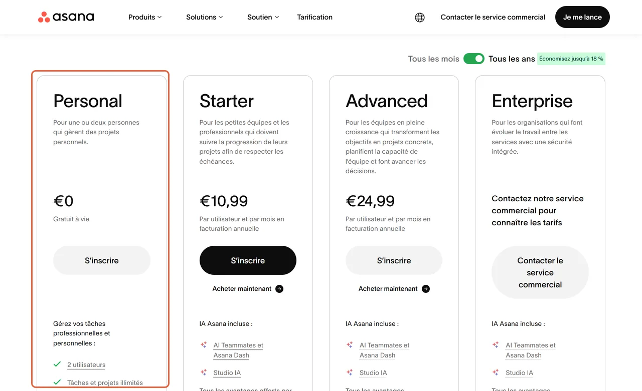 Page de tarifs d'Asana, logiciel de gestion de tâches : la formule Personal à 0 € est encadrée, à côté de Starter à 10,99 €, Advanced à 24,99 € et Enterprise