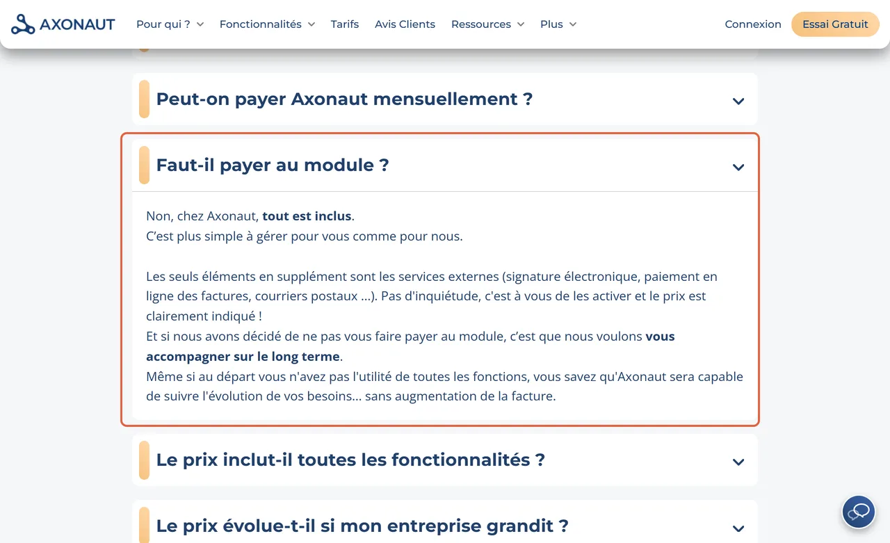 Logiciel de gestion Axonaut, page de tarifs : la réponse à « Faut-il payer au module ? » est encadrée, tout est inclus sauf les services externes