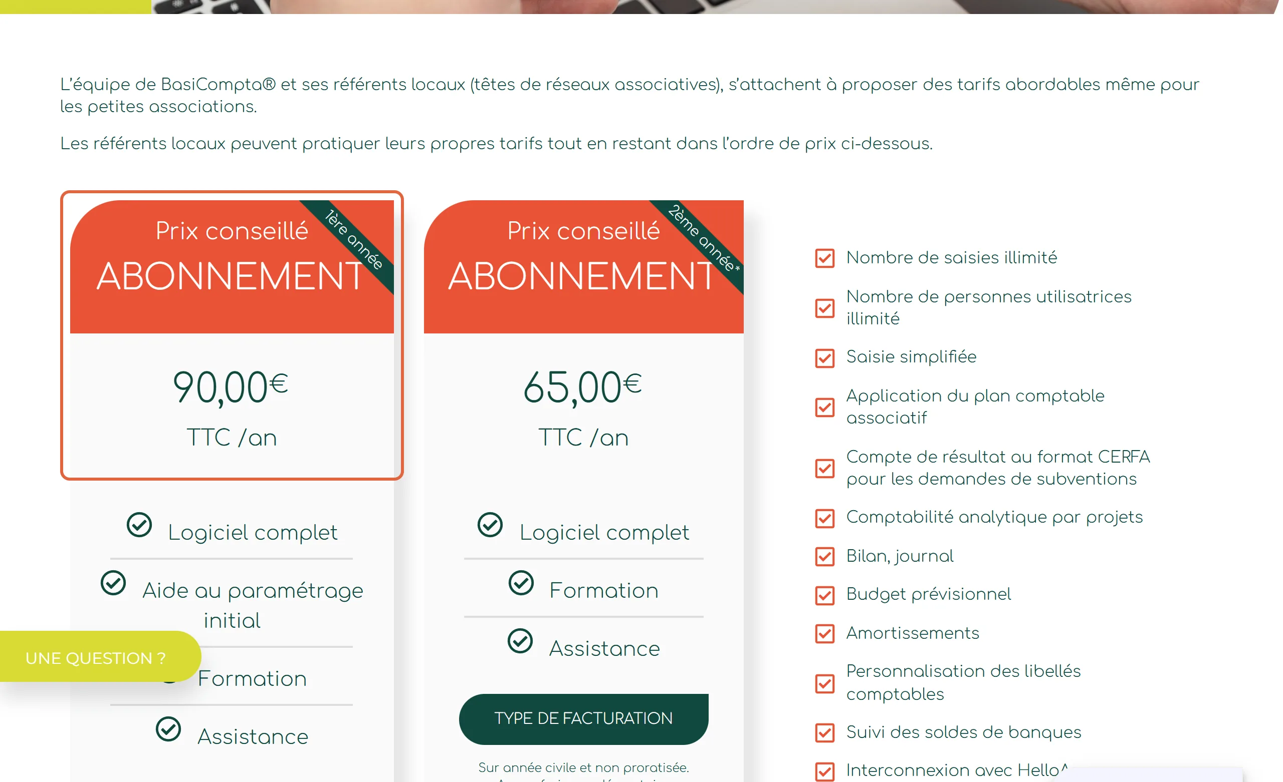 Page de tarifs de BasiCompta : l'abonnement de première année au prix conseillé de 90 € TTC par an est encadré, à côté de celui de deuxième année à 65 € TTC