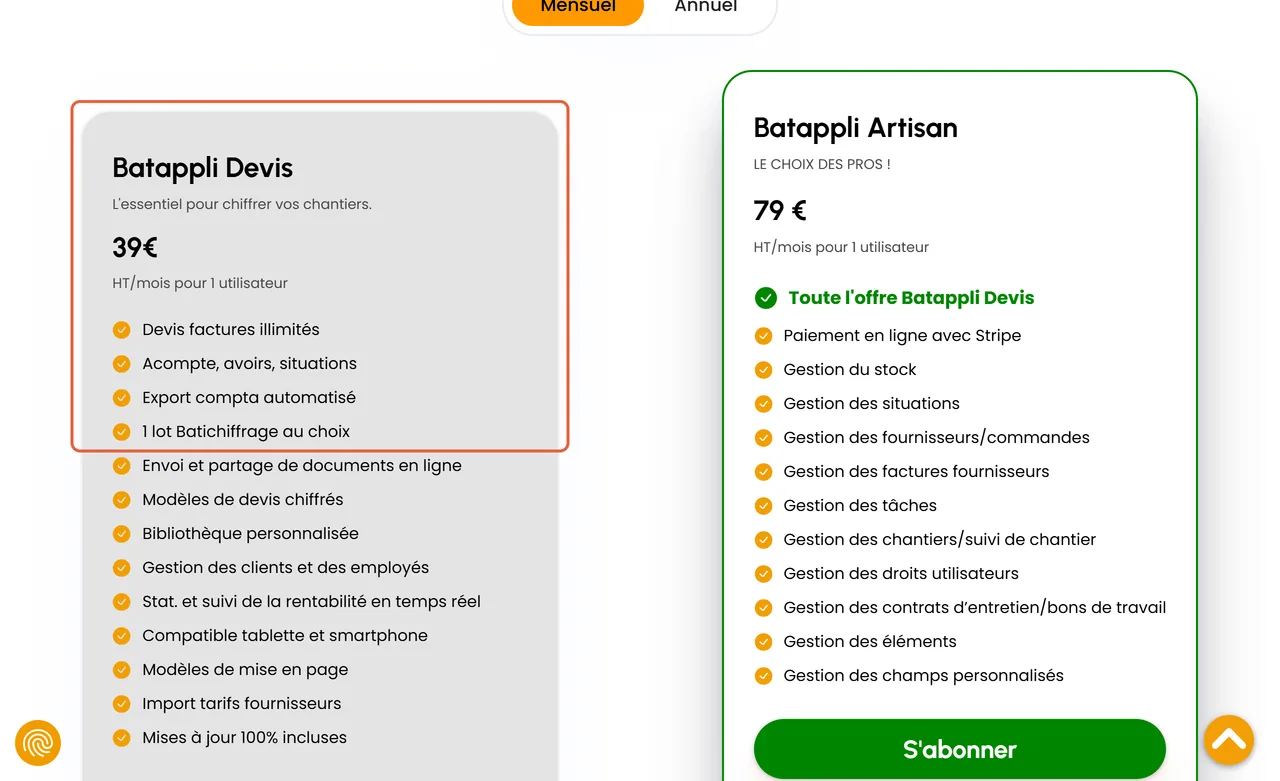 Page de tarifs de Batappli, logiciel devis facture bâtiment : l’offre Batappli Devis à 39 € HT par mois, avec acomptes, situations et un lot Batichiffrage, est encadrée