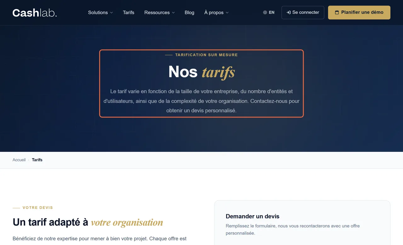 Page « Nos tarifs » de Cashlab, logiciel de trésorerie : le texte encadré explique que le tarif varie selon la taille de l’entreprise, le nombre d’entités et d’utilisateurs