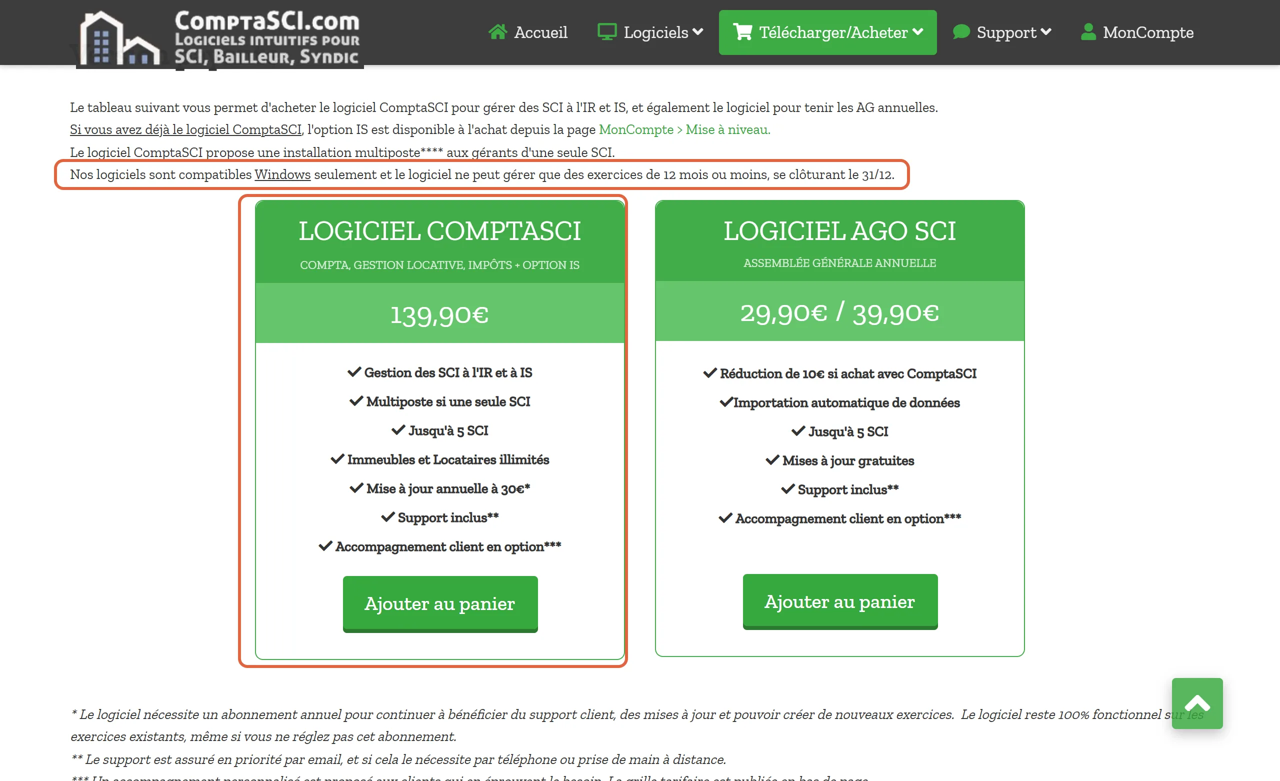 Page d’achat de ComptaSCI pour les SCI à l’IR et à l’IS : la carte du logiciel à 139,90 € avec l’option IS et la mention « Nos logiciels sont compatibles Windows seulement » sont encadrées