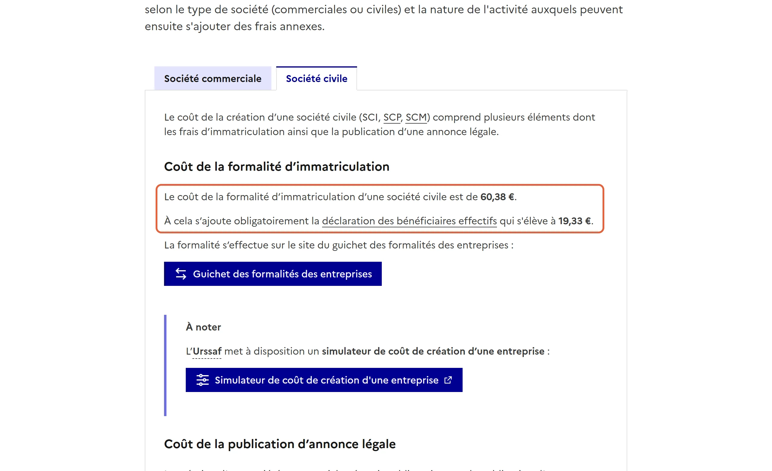 Fiche de Service Public Entreprendre sur le coût des formalités, onglet Société civile : le passage encadré indique 60,38 € pour l’immatriculation d’une société civile et 19,33 € pour la déclaration des bénéficiaires effectifs