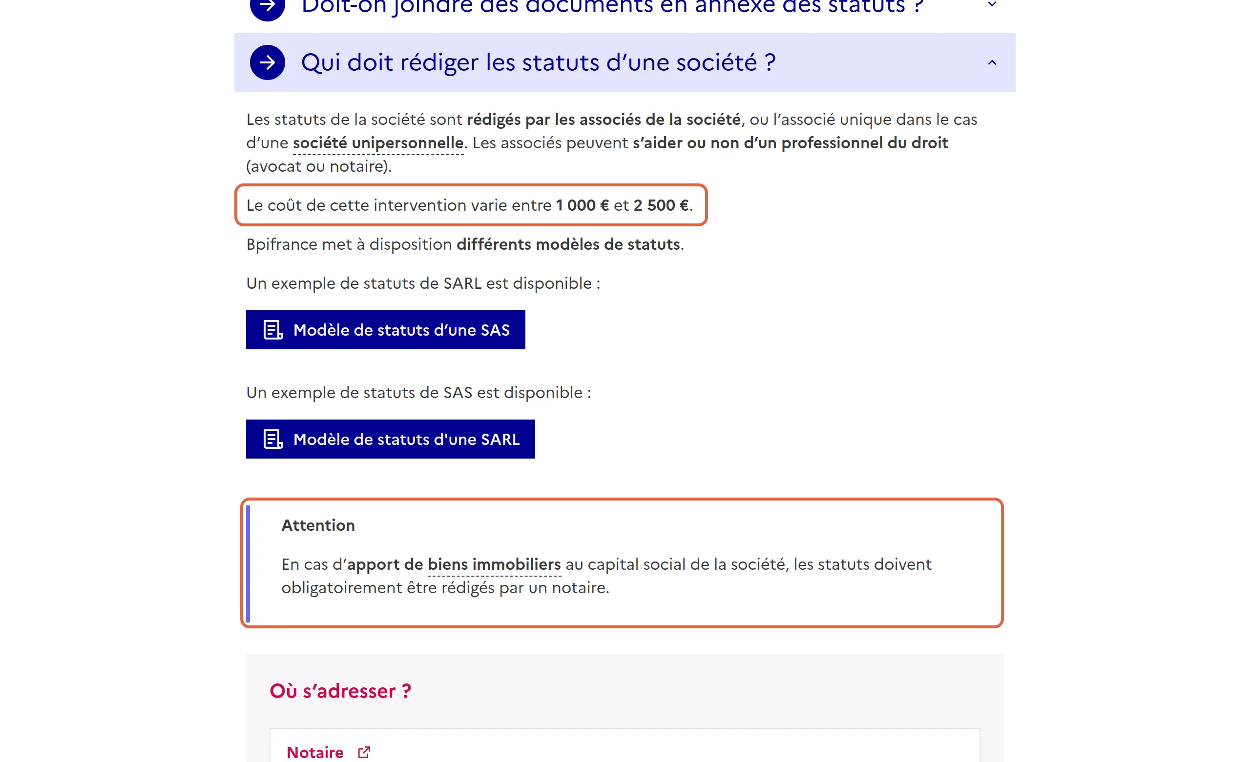 Fiche de Service Public Entreprendre sur la rédaction des statuts : un premier encadré indique que l’intervention d’un professionnel du droit coûte entre 1 000 € et 2 500 €, un second précise qu’en cas d’apport de biens immobiliers les statuts doivent être rédigés par un notaire