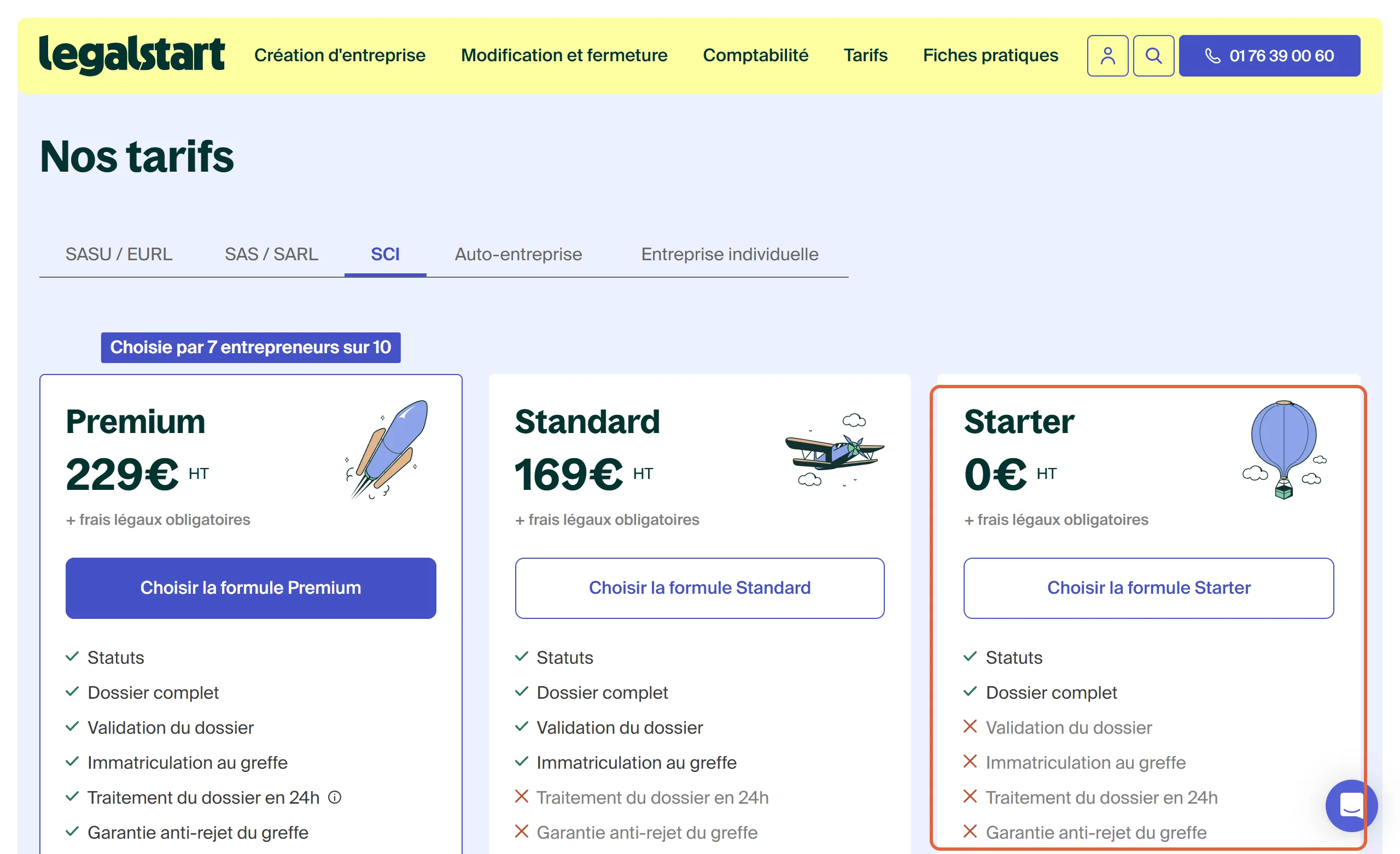 Page des tarifs de Legalstart, onglet SCI : trois formules Premium à 229 € HT, Standard à 169 € HT et Starter à 0 € HT, la formule Starter encadrée affiche une croix devant la validation du dossier et l’immatriculation au greffe