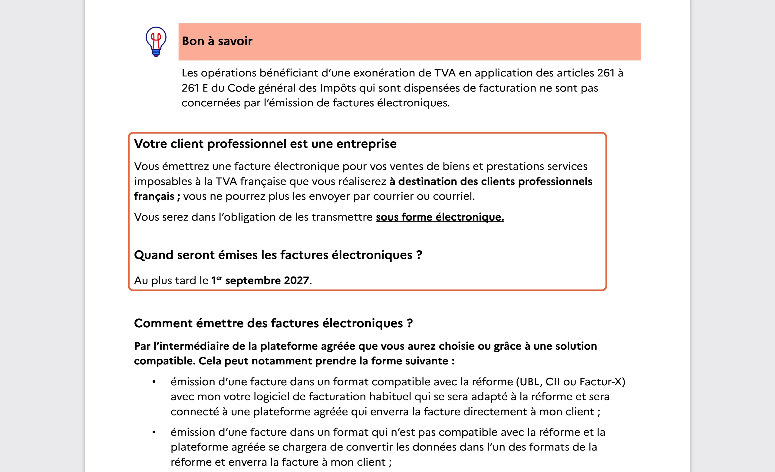 Livret de la DGFiP pour une petite entreprise en franchise en base qui vend à des professionnels : le passage encadré indique que les factures aux clients professionnels français ne pourront plus partir par courrier ou par e-mail et seront émises sous forme électronique au plus tard le 1er septembre 2027
