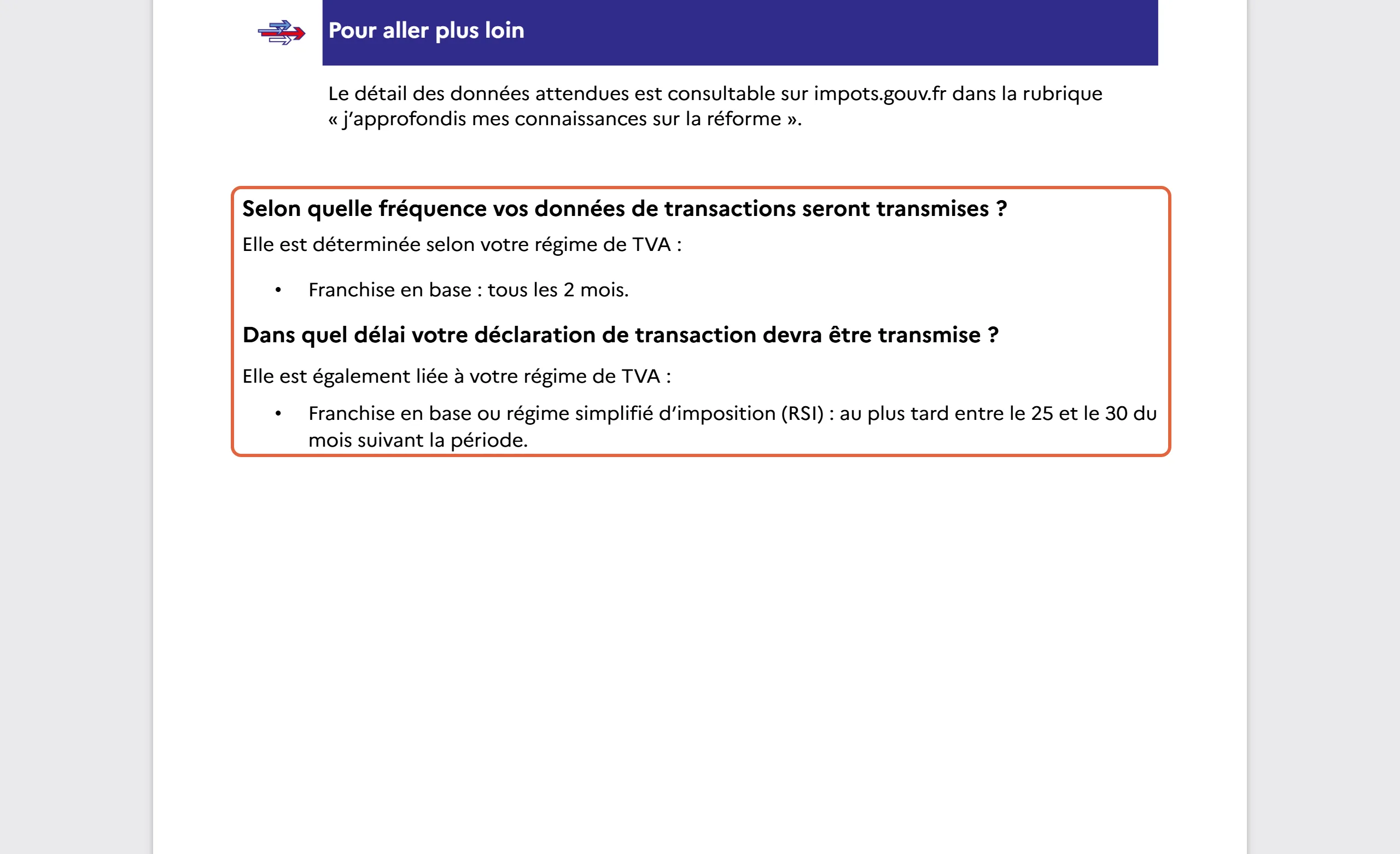 Livret de la DGFiP pour une petite entreprise en franchise en base qui vend à des particuliers : le passage encadré indique une transmission tous les 2 mois, au plus tard entre le 25 et le 30 du mois suivant la période