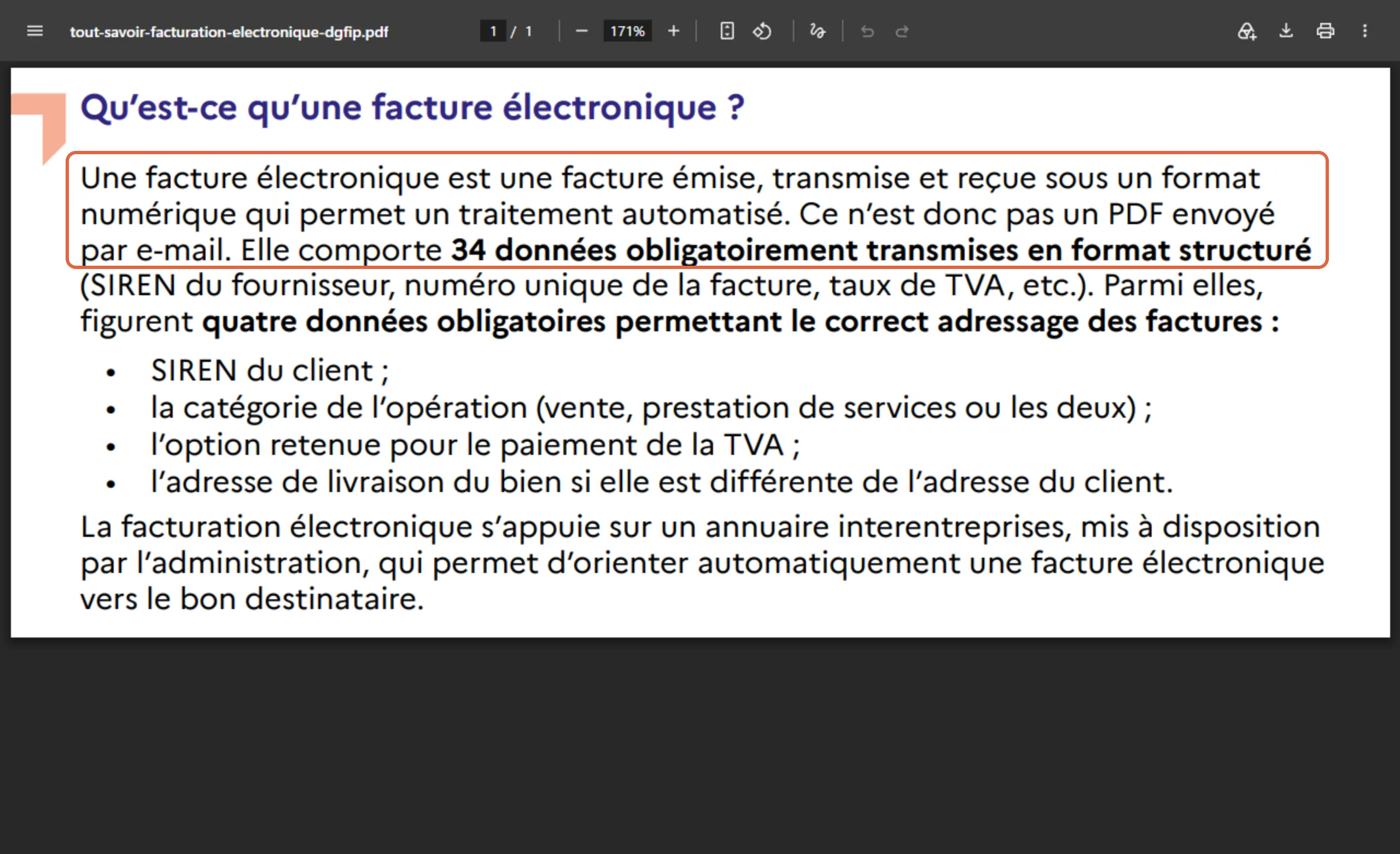 Extrait du document de la DGFiP « Tout savoir sur la facturation électronique » : définition de la facture électronique, avec la phrase « Ce n’est donc pas un PDF envoyé par e-mail » et la liste des quatre données d’adressage
