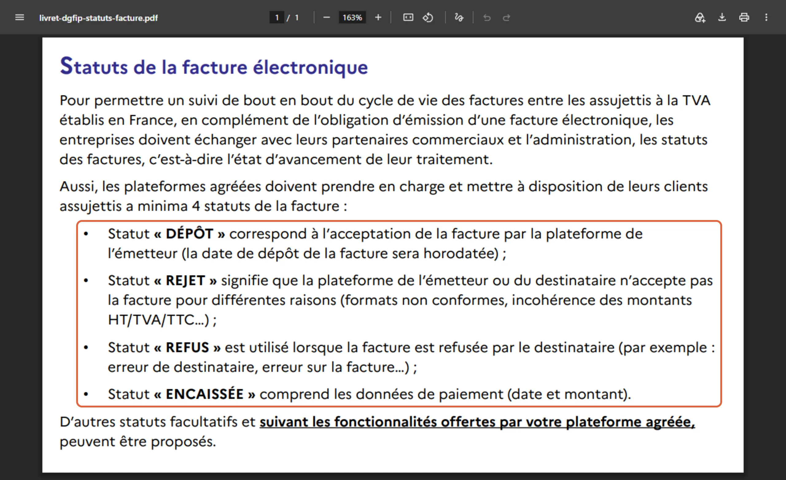 Extrait du livret de la DGFiP pour les petites entreprises, page 15 : les quatre statuts obligatoires de la facture électronique, Dépôt, Rejet, Refus et Encaissée, encadrés