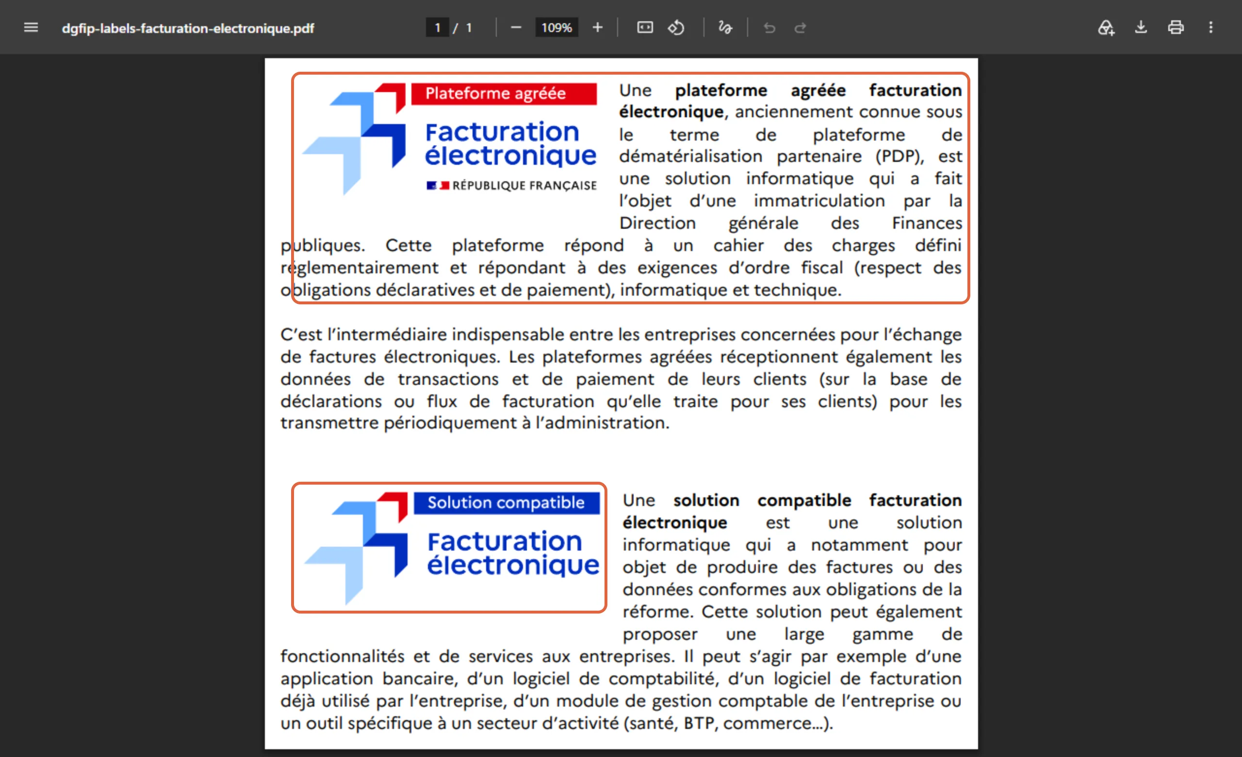Extrait du document de la DGFiP sur les labels : le logo « Plateforme agréée », avec la mention de l’ancien nom de plateforme de dématérialisation partenaire, et le logo « Solution compatible », encadrés