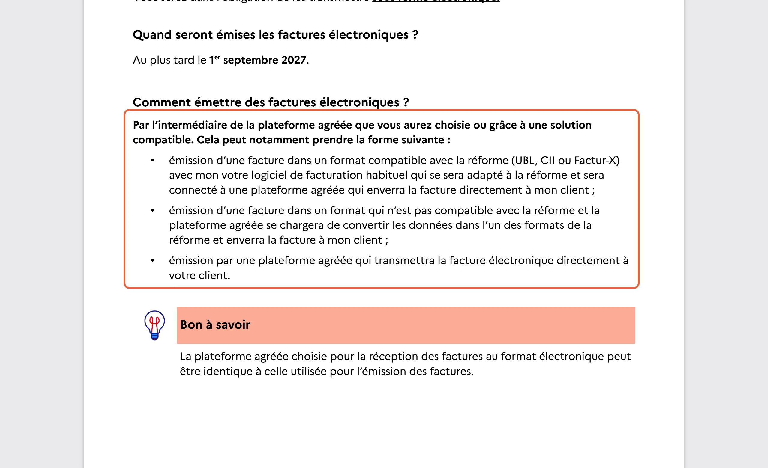 Livret de la DGFiP pour une petite entreprise qui vend à des professionnels, page 6, rubrique « Comment émettre des factures électroniques ? » : les trois façons encadrées, logiciel de facturation connecté, conversion par la plateforme agréée, émission par la plateforme agréée