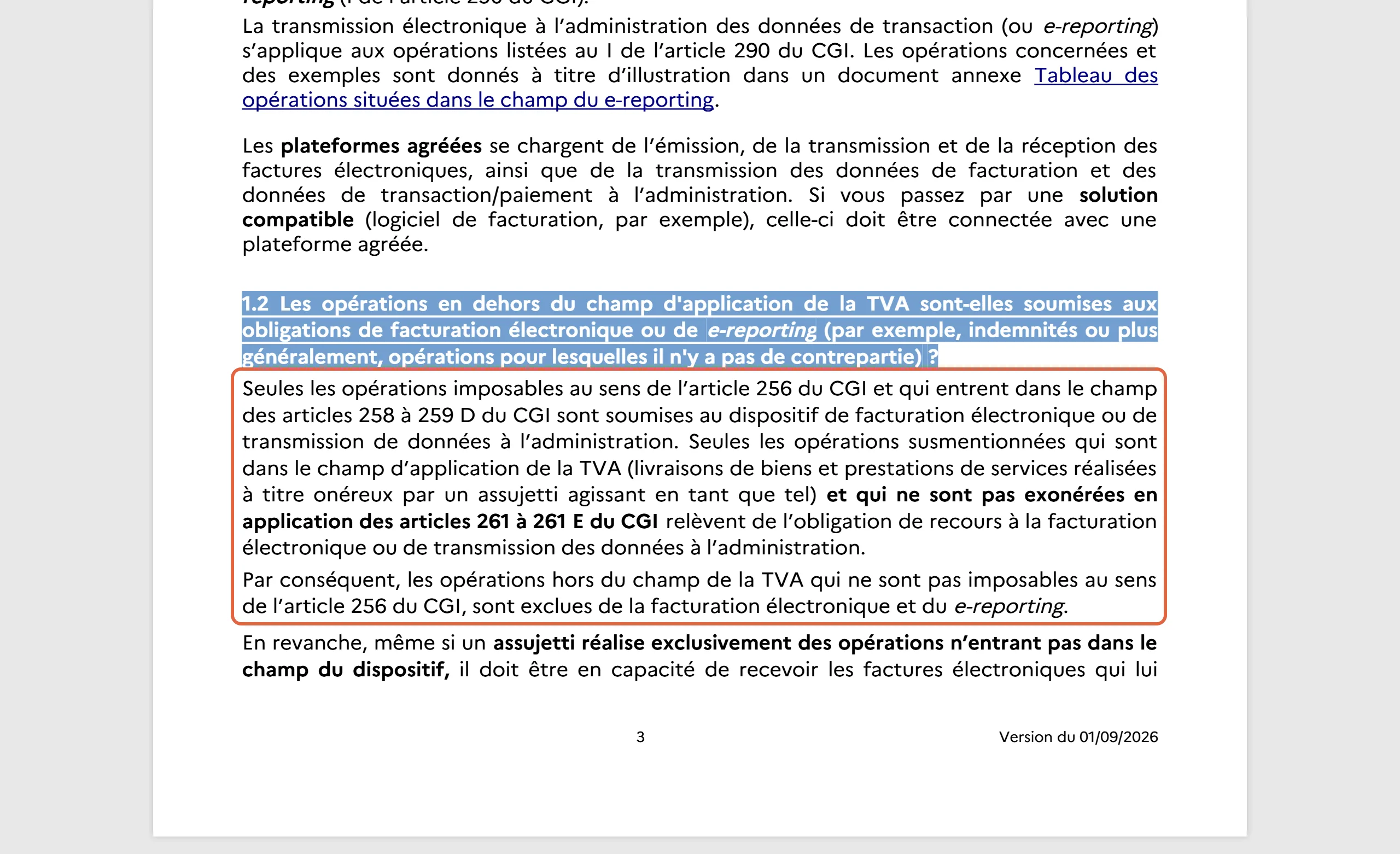 Foire aux questions de la DGFiP « Je découvre la facturation électronique », version du 01/09/2026, page 3 : les paragraphes encadrés réservent la facturation électronique et le e-reporting aux opérations imposables qui ne sont pas exonérées en application des articles 261 à 261 E du CGI, et en excluent les opérations hors du champ de la TVA