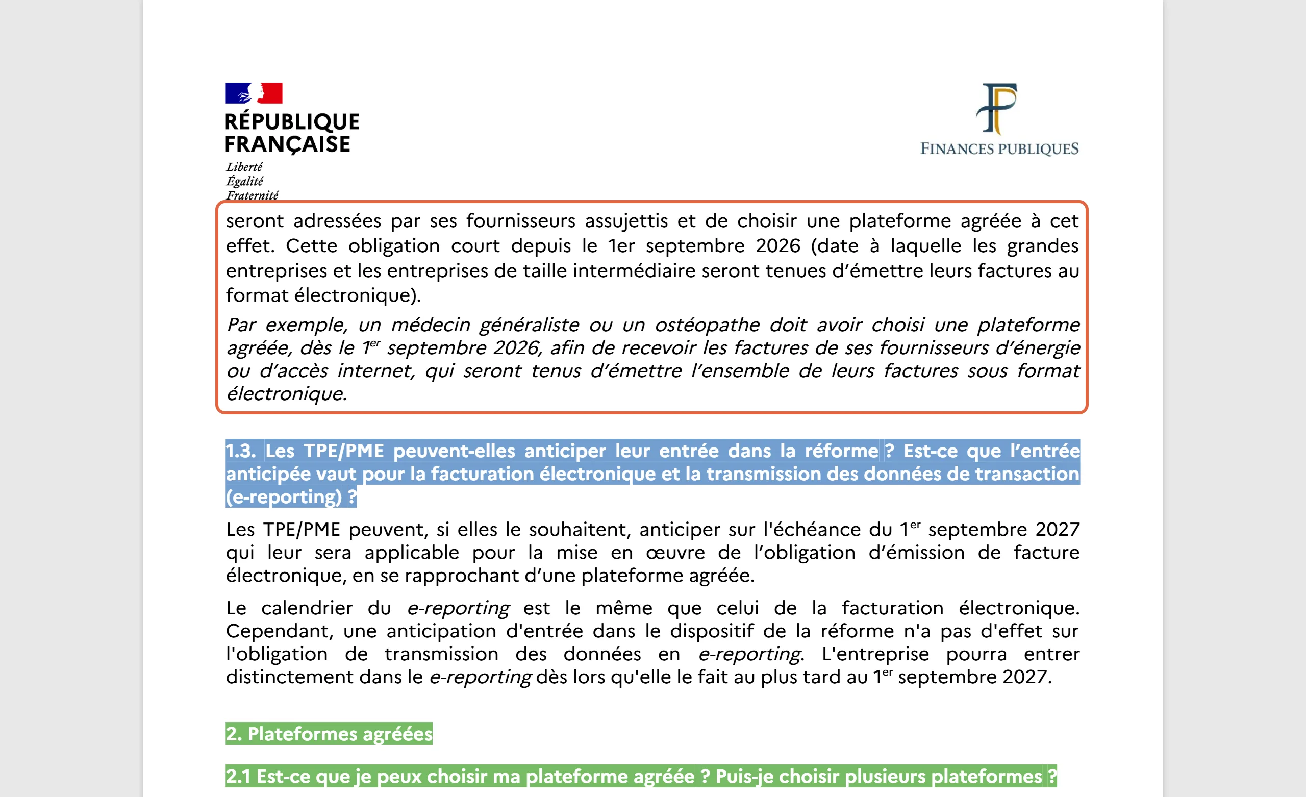 Foire aux questions de la DGFiP « Je découvre la facturation électronique », page 4 : les paragraphes encadrés indiquent que l’assujetti qui ne réalise que des opérations hors du dispositif doit choisir une plateforme agréée pour recevoir ses factures depuis le 1er septembre 2026, avec l’exemple du médecin généraliste et de l’ostéopathe