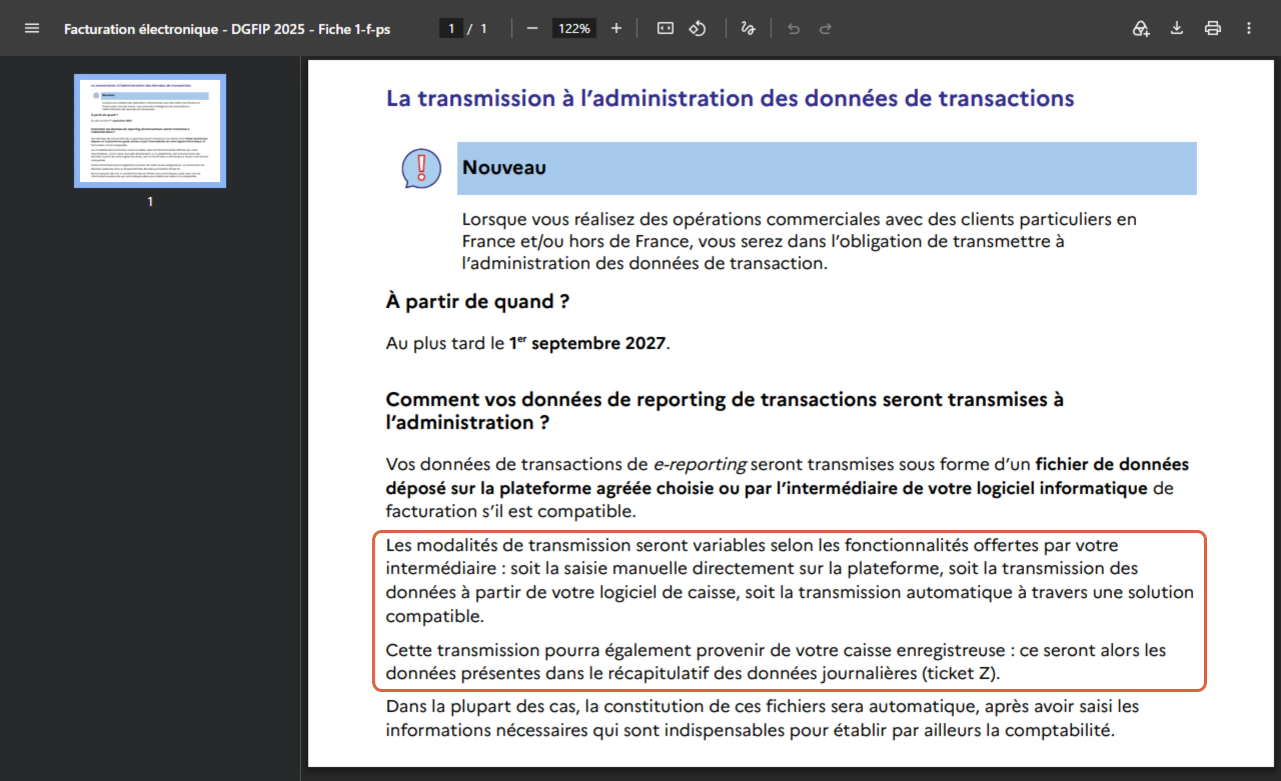 Livret de la DGFiP sur la facturation électronique pour une petite entreprise : les paragraphes encadrés décrivent la saisie sur la plateforme, l’envoi depuis le logiciel de caisse et la transmission depuis la caisse enregistreuse à partir du ticket Z