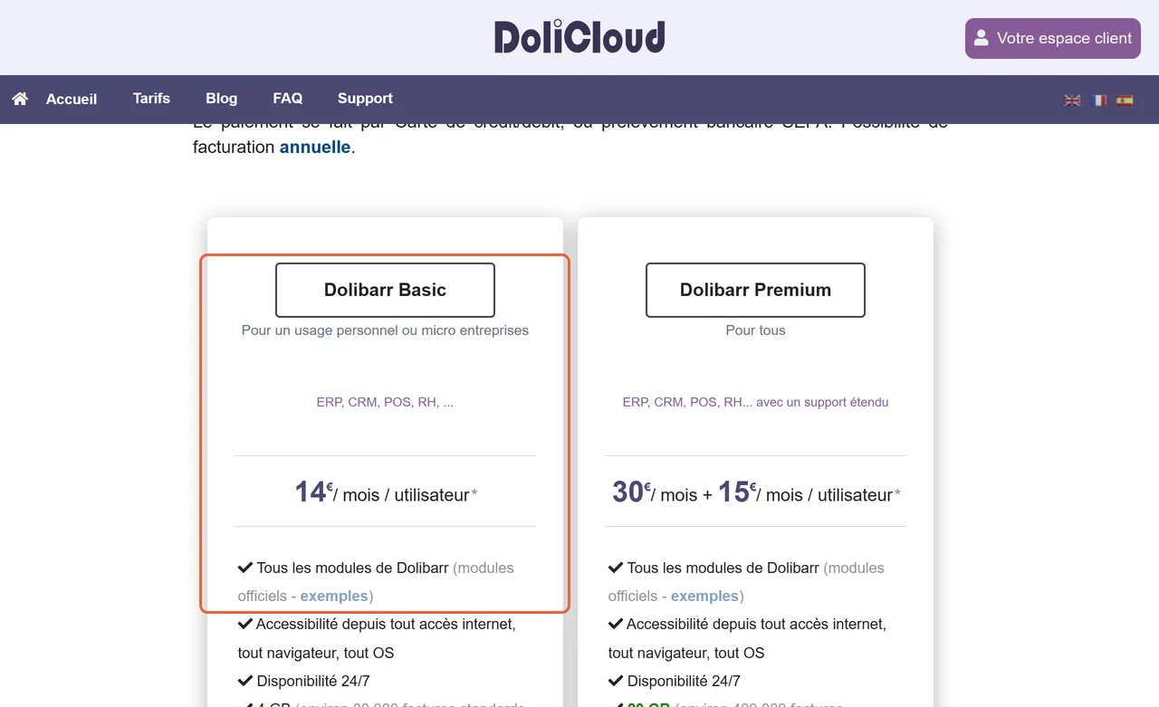 Page de tarifs de DoliCloud, hébergeur de Dolibarr : la formule Dolibarr Basic à 14 € HT par mois et par utilisateur, pour un usage personnel ou les micro-entreprises, est encadrée