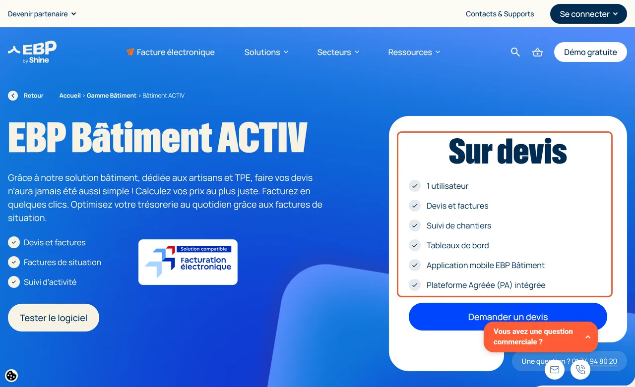 Page d’EBP Bâtiment ACTIV : le bloc Sur devis, avec 1 utilisateur, application mobile et plateforme agréée intégrée, est encadré