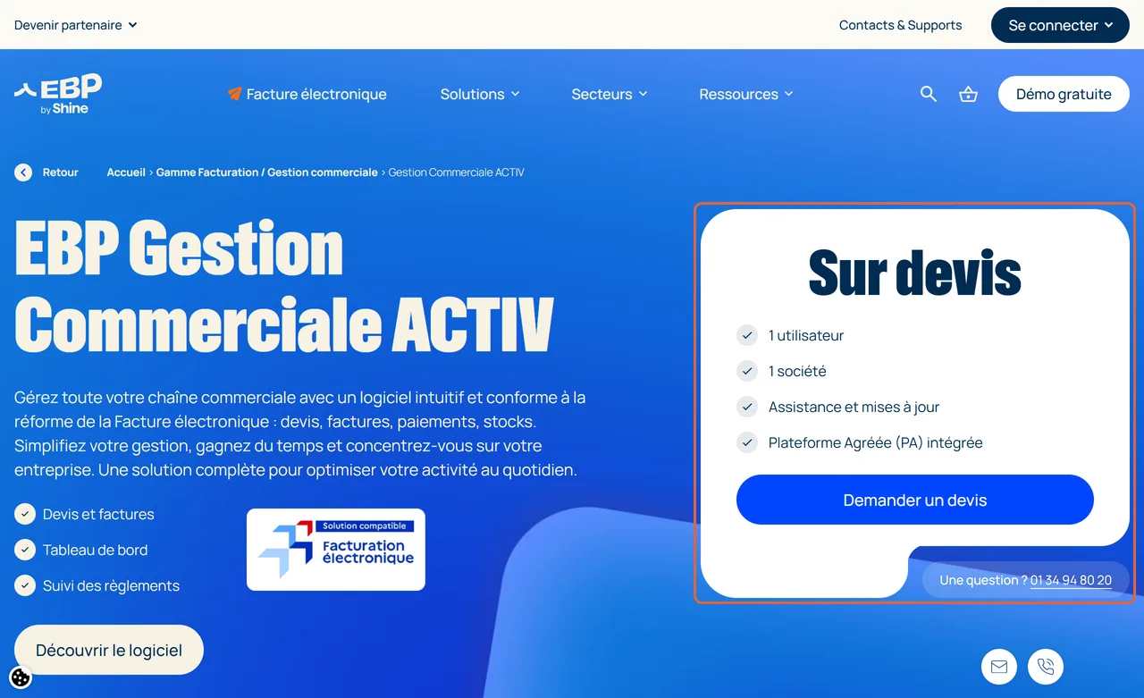 Page d’EBP Gestion Commerciale ACTIV : l’encadré « Sur devis » avec un utilisateur, une société, l’assistance et la plateforme agréée intégrée est encadré
