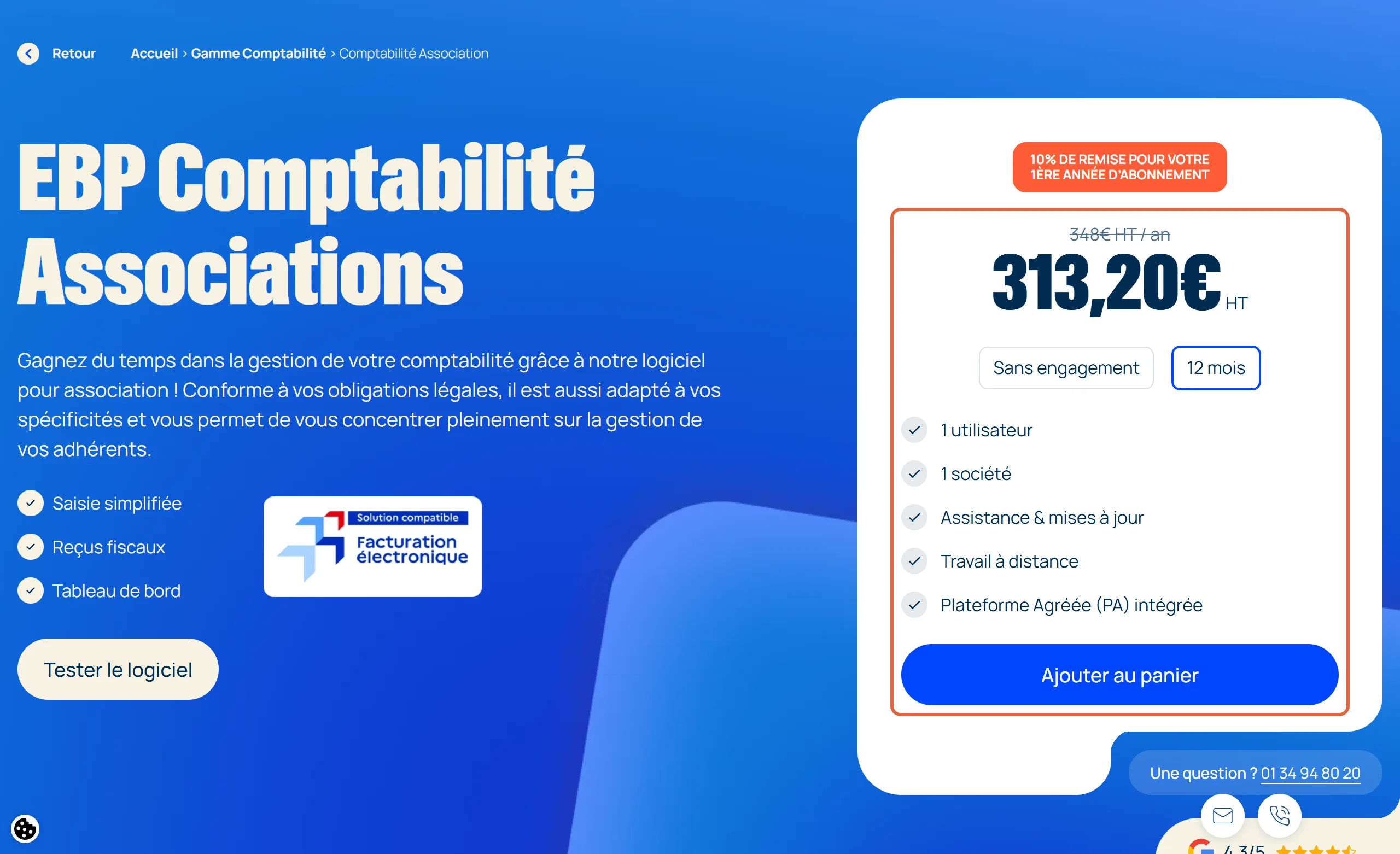 Page d'EBP Comptabilité Associations : l'encadré de prix montre 348 € HT par an barré, 313,20 € HT la première année, un utilisateur et la plateforme agréée intégrée