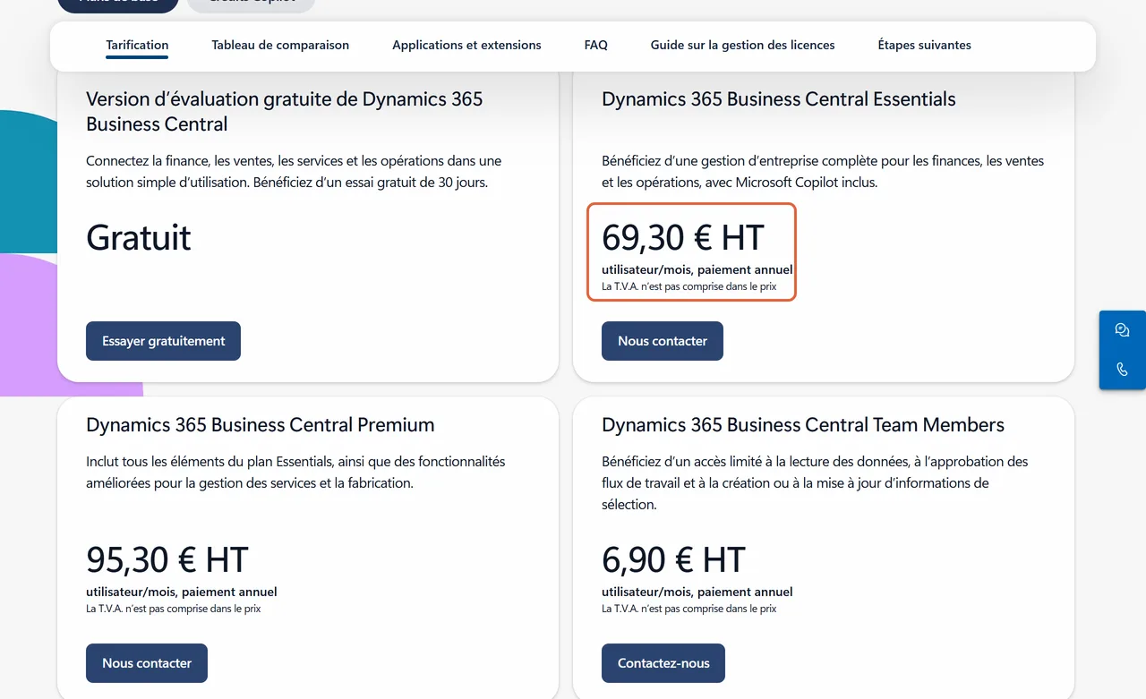 Page de tarifs de Microsoft Dynamics 365 Business Central : le prix de la formule Essentials, 69,30 € HT par utilisateur et par mois en paiement annuel, est encadré