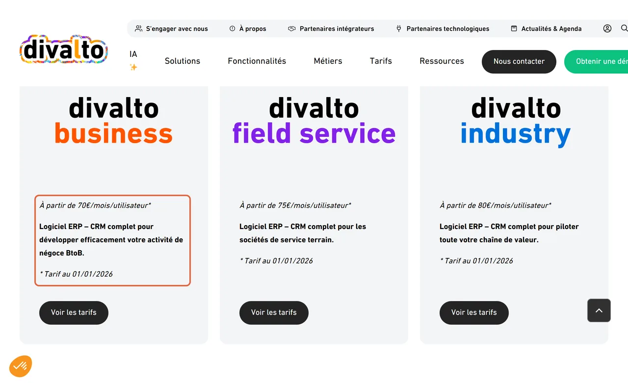 Page des offres ERP de Divalto : la carte divalto business, à partir de 70 € par mois et par utilisateur, tarif au 01/01/2026, est encadrée à côté de field service et industry