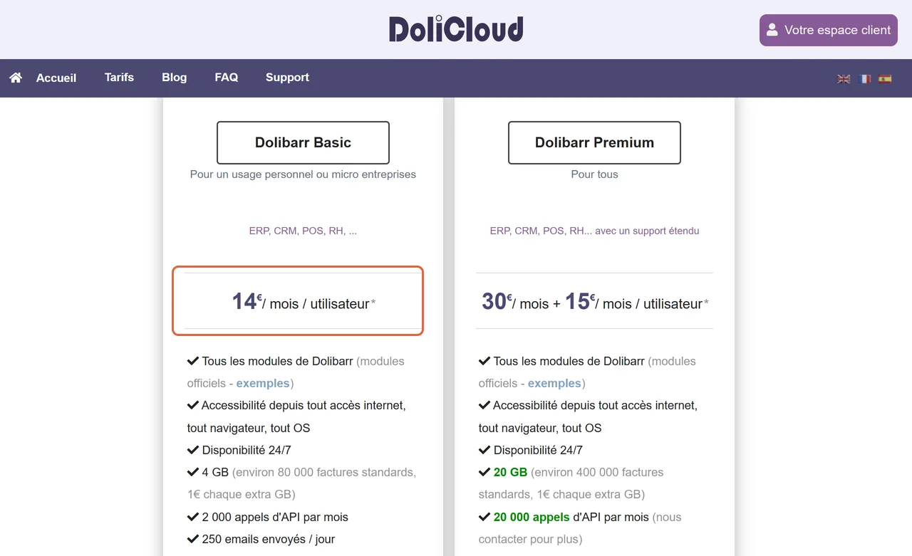 Page de tarifs de DoliCloud, hébergeur de Dolibarr : le prix de la formule Dolibarr Basic, 14 € par mois et par utilisateur, est encadré