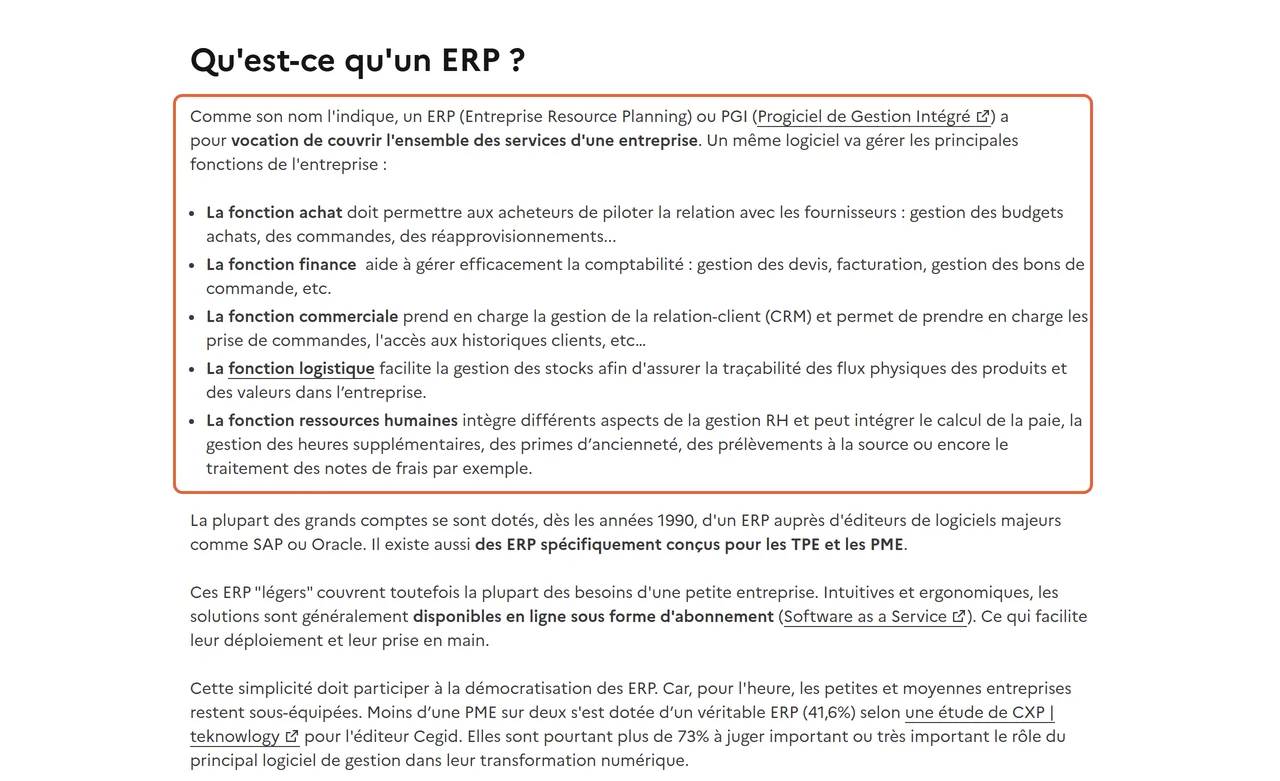 Dossier de France Num « Pourquoi et comment mettre en place un ERP pour les TPE » : la définition d’un ERP (enterprise resource planning) ou PGI et la liste des cinq fonctions qu’il couvre, encadrées