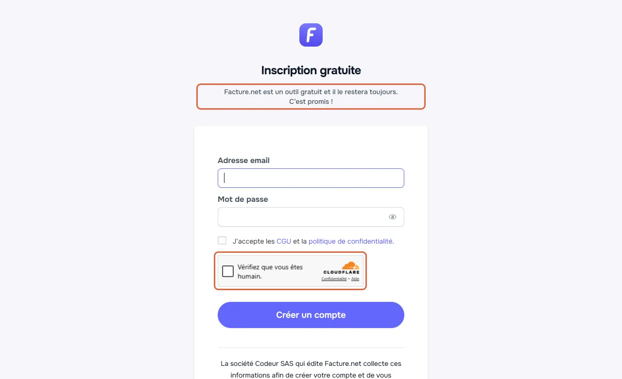 Page « Inscription gratuite » de Facture.net : la promesse « Facture.net est un outil gratuit et il le restera toujours » et le contrôle anti-robot de Cloudflare sont encadrés