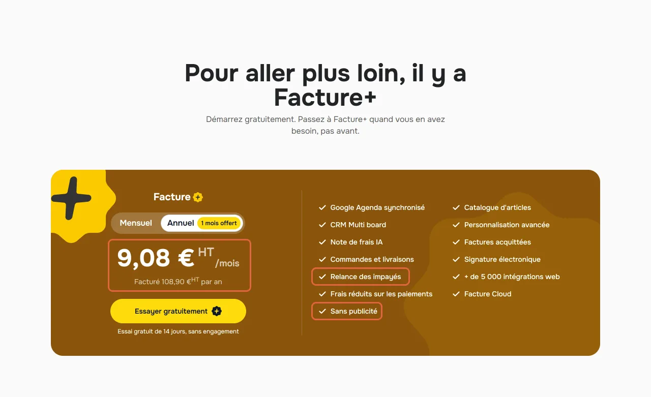 Encart tarifaire de Facture+ sur Facture.net : le prix de 9,08 € HT par mois en annuel, facturé 108,90 € HT par an, est encadré, ainsi que les lignes « Relance des impayés » et « Sans publicité »