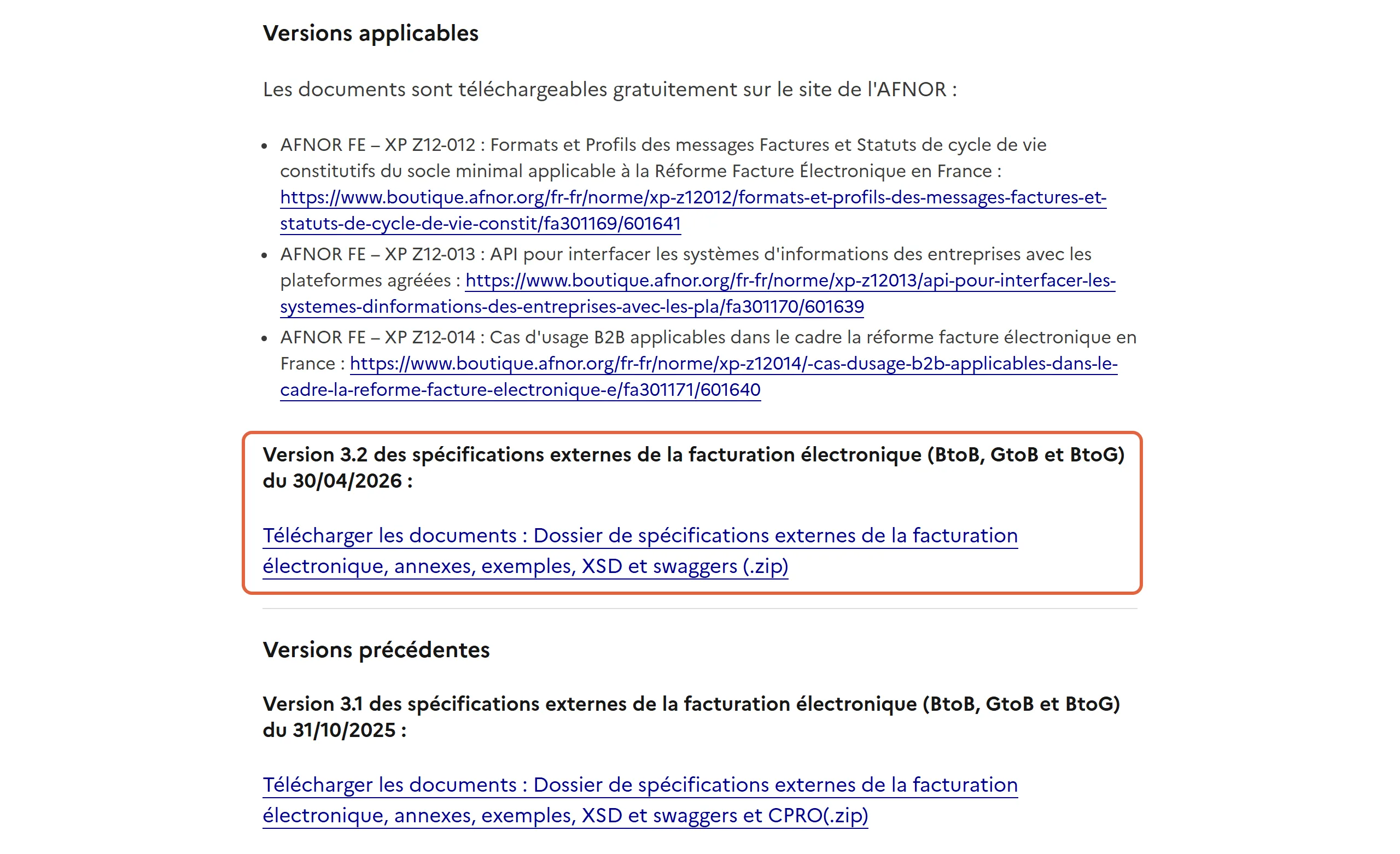Page d’impots.gouv.fr sur les spécifications qui fixent le format de facturation électronique : la version 3.2 du 30/04/2026 est encadrée, sous la liste des trois normes AFNOR