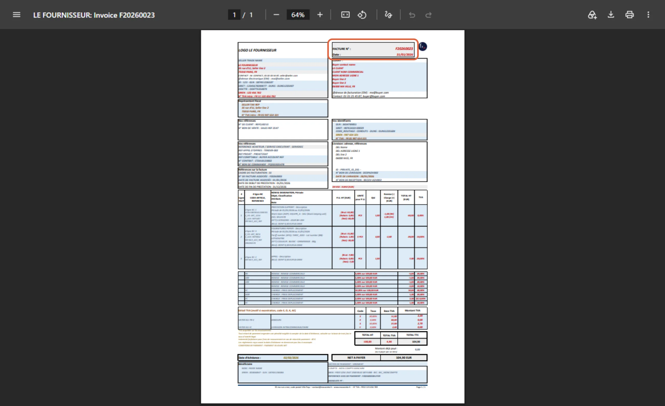 Exemple de facture Factur-X ouvert dans un navigateur : une page de PDF ordinaire, avec le numéro F20260023 et la date du 31/01/2026 encadrés en haut à droite
