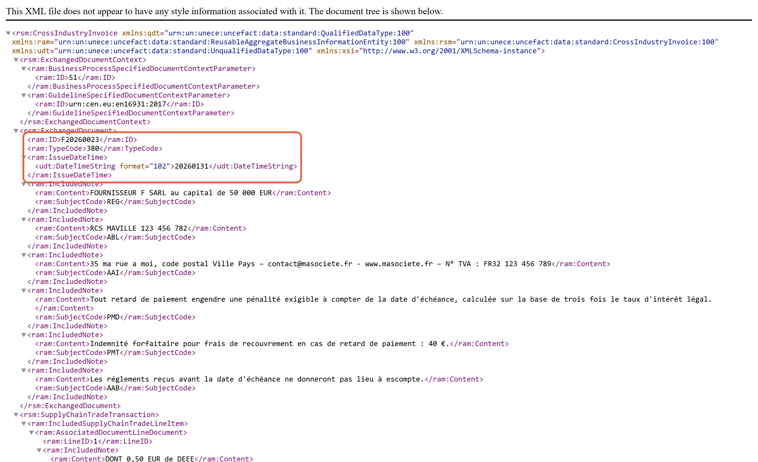 Fichier factur-x.xml extrait du PDF, affiché en arborescence dans un navigateur : les balises du numéro F20260023, du type de document 380 et de la date 20260131 sont encadrées