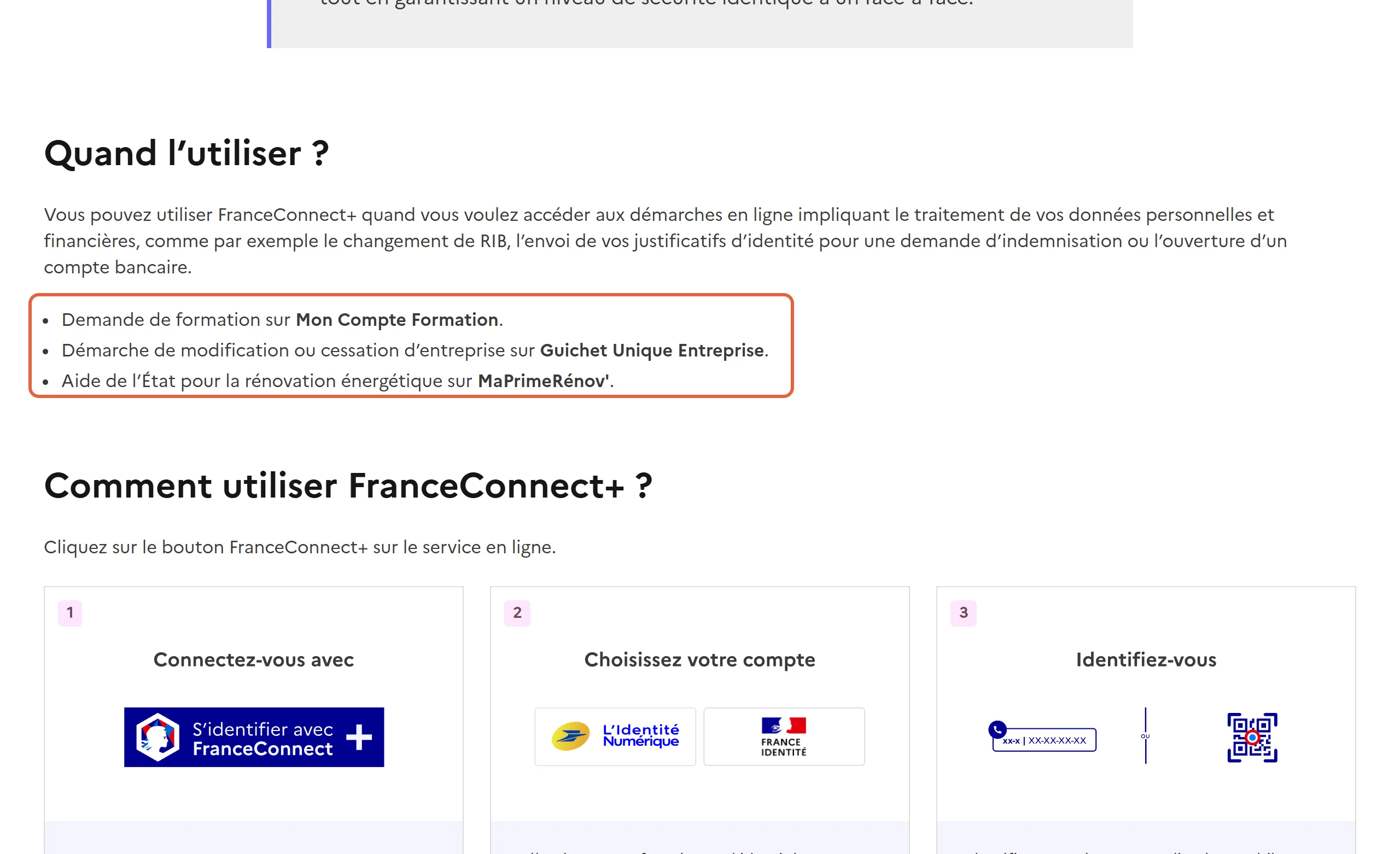 Page FranceConnect+ sur franceconnect.gouv.fr : la liste encadrée cite la modification ou la cessation d’entreprise sur le Guichet Unique parmi les démarches qui demandent FranceConnect+