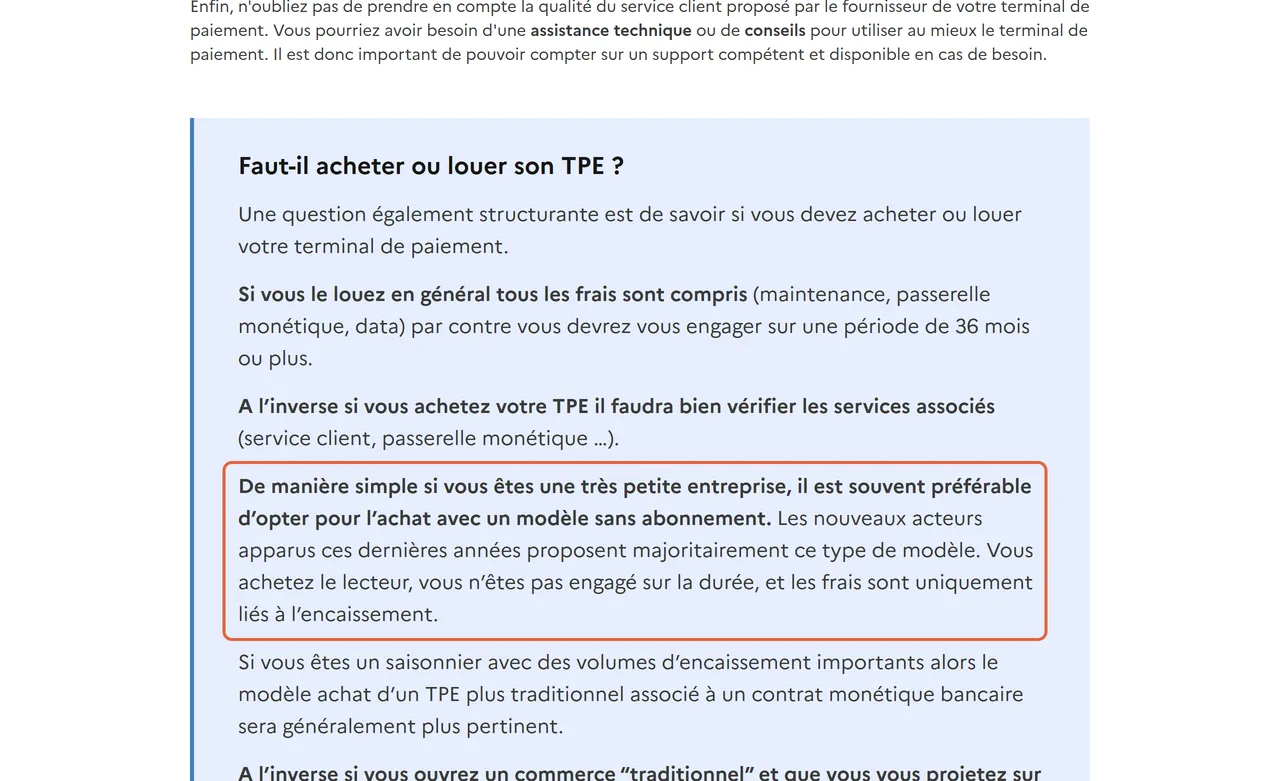Guide de francenum.gouv.fr, encadré Faut-il acheter ou louer son TPE : le paragraphe recommandant l'achat avec un modèle sans abonnement aux très petites entreprises est encadré